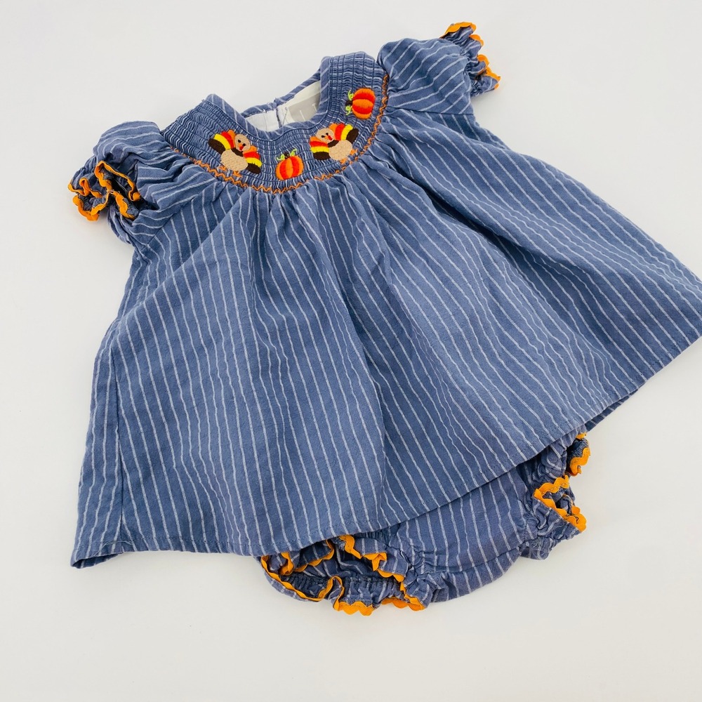 Lil Cactus Smocked Turkey Pumpkin‎ Bloomer Set Baby Girls 18-24M Blue Striped